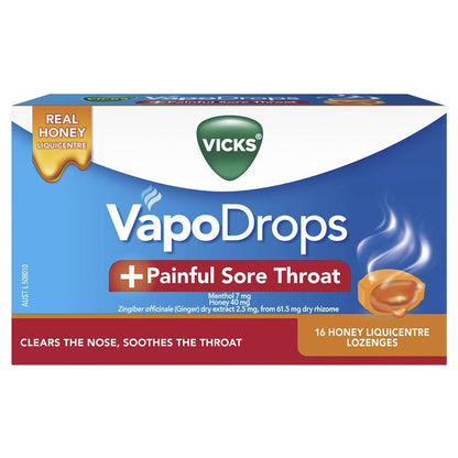 Vicks VapoDrops + Painful Sore Throat Honey 16 Lozenges