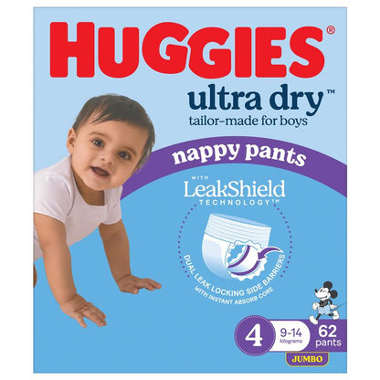 Huggies Ultra Dry Nappy Pants Boys Size 4 (9-14kg) 62 Pack