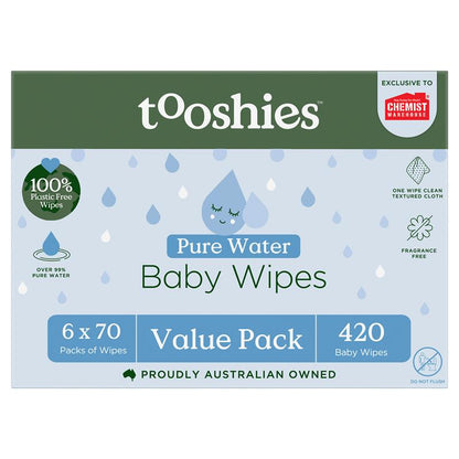 Tooshies Baby Wipes Pure Water 6 x 70 Pack