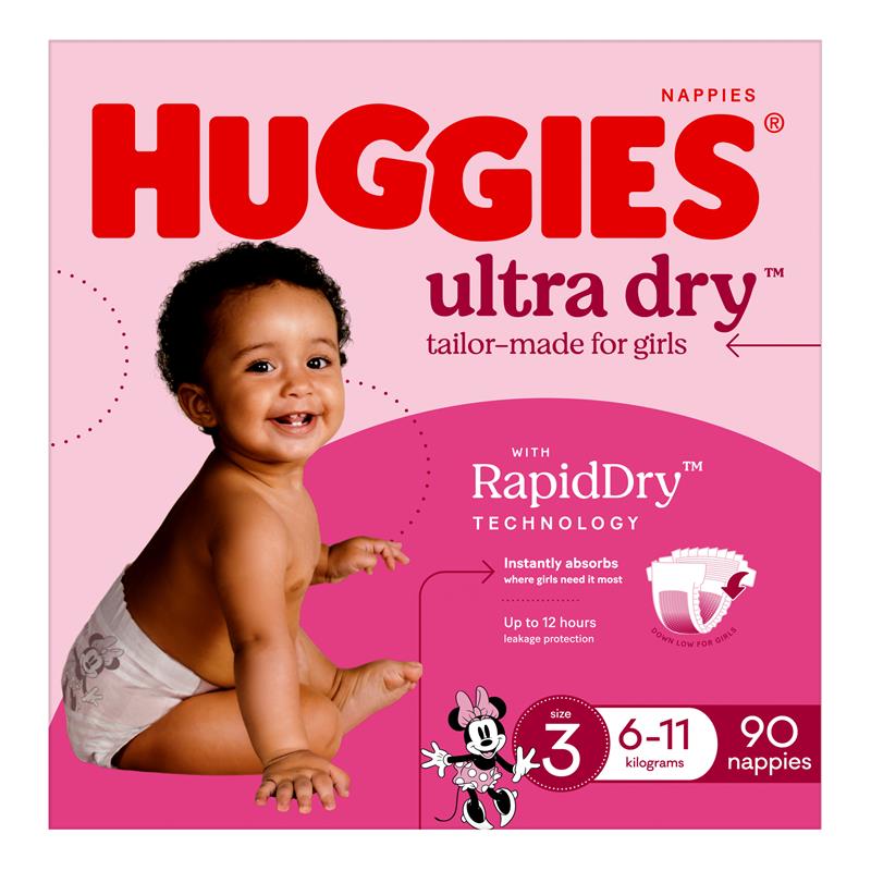 Huggies Ultra Dry Nappies Girl Size 3 Jumbo 90 Pack