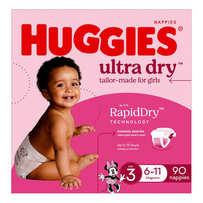 Huggies Ultra Dry Nappies Girl Size 3 Jumbo 90 Pack