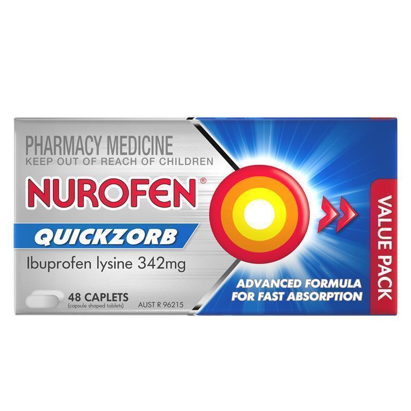 Nurofen Quickzorb Pain Relief Caplets 48 pack Ibuprofen Lysine 342mg