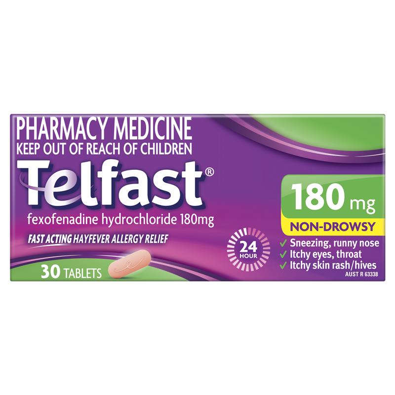 Telfast Hayfever Allergy Relief 180mg Antihistamine Tablets Non-Drowsy - 30 Pack