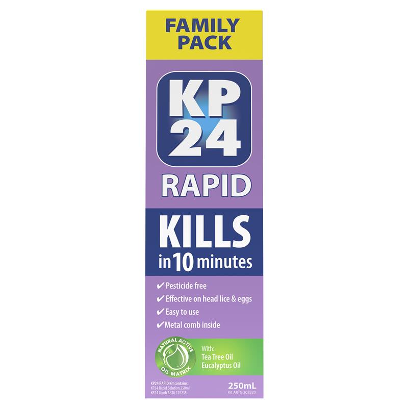KP24 Rapid 10 Minute Head Lice/Nit Solution 250ml with Comb Family Pack