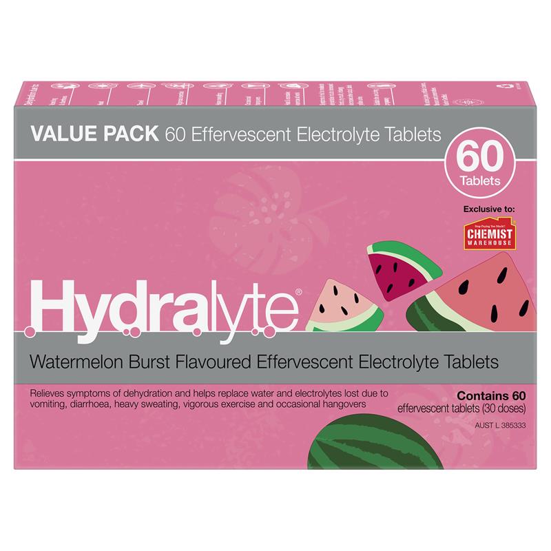 Hydralyte Electrolyte Effervescent Watermelon 60 Tablets Exclusive Size