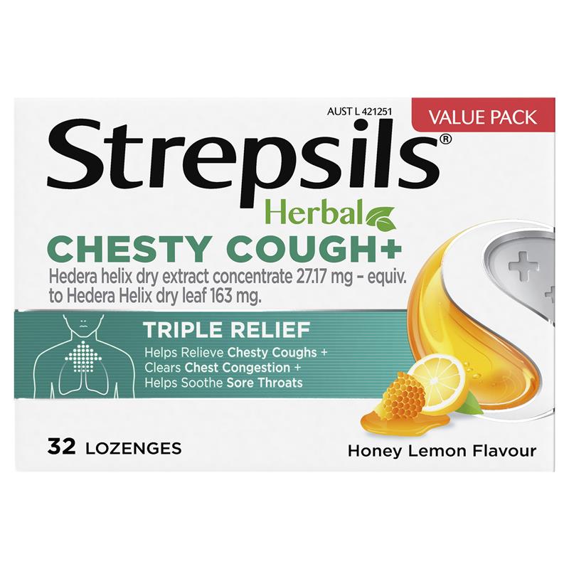 Strepsils Herbal Chesty Cough+ Lozenges Honey Lemon 32 Pack