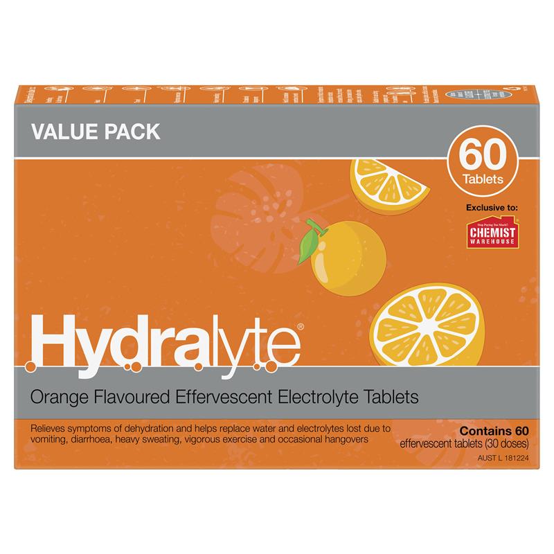 Hydralyte Electrolyte Effervescent Orange 60 Tablets Exclusive Size