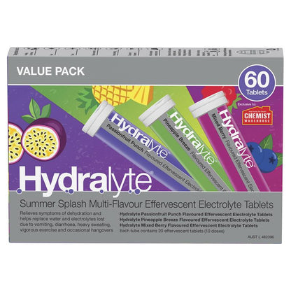 Hydralyte Electrolyte Effervescent Summer Splash Multi Flavour 60 Tablets