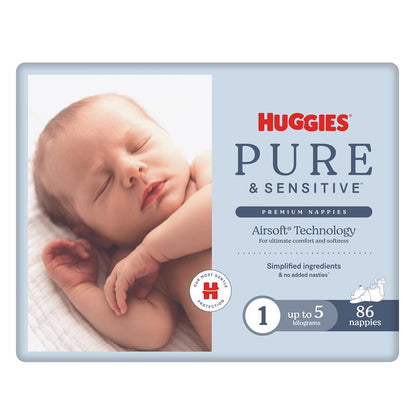 Huggies Pure and Sensitive Nappies Size 1 (Up To 5Kg)  86 Pack