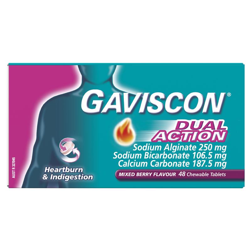 Gaviscon Dual Action Chewable Tablets Heartburn and Indigestion Relief Mixed Berry 48 Pack