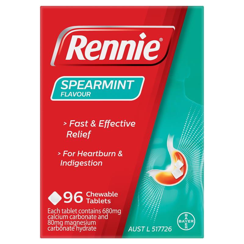 Rennie Indigestion and Heartburn Relief Spearmint 96 Chewable Tablets