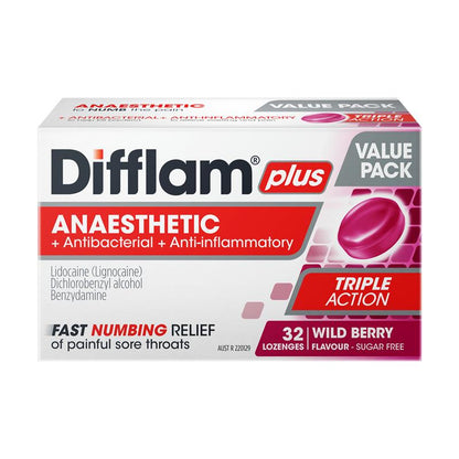Difflam Plus Anaesthetic Sugar Free Wild Berry 32 Lozenges