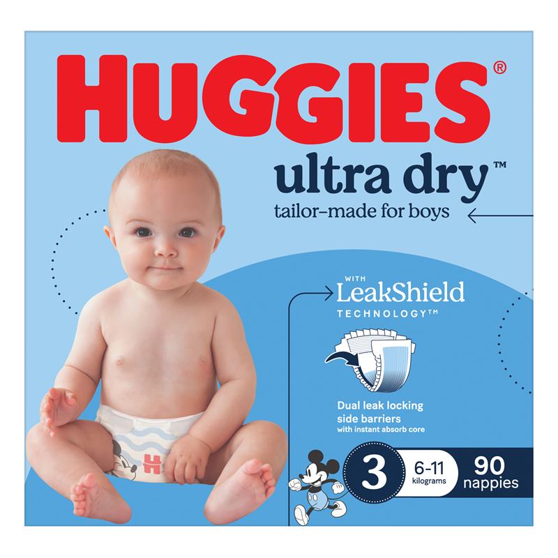 Huggies Ultra Dry Nappies Boys Size 3 (6-11kg) 90 Pack