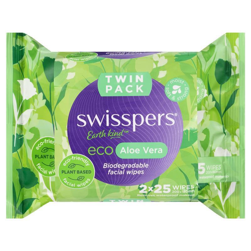 Swisspers Eco Aloe Vera Biodegradable Facial Wipes Twin Pack 2 x 25 Wipes