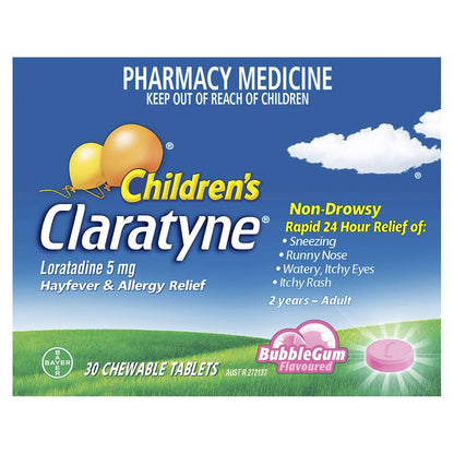 Children's Claratyne Allergy & Hayfever Relief Antihistamine For Kids Bubblegum Flavoured Chewable Tablets 30 pack