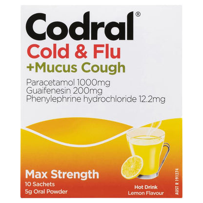 Codral Cold & Flu + Mucus Cough Max Strength Hot Drink Oral Powder Lemon 10 Pack