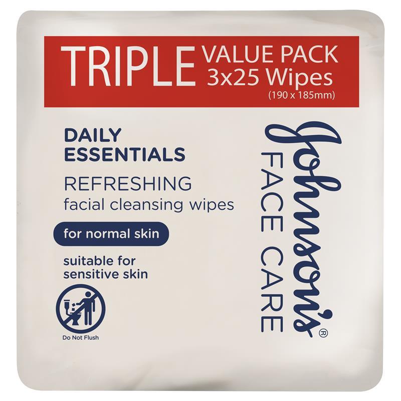 Johnson's Face Care Refreshing Facial Cleansing Wipes For Normal Skin 3 x 25 Pack