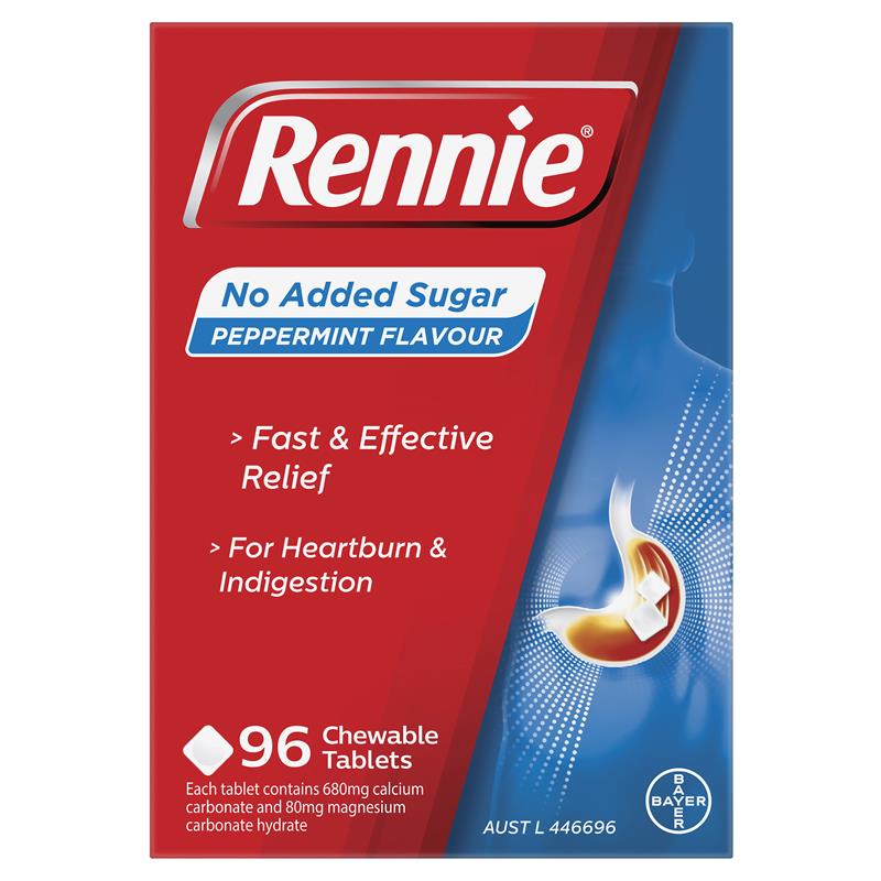 Rennie No Added Sugar Indigestion and Heartburn Relief Peppermint 96 Chewable Tablets