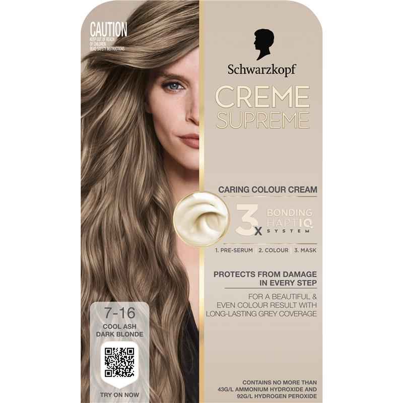 Schwarzkopf Creme Supreme Permanent Cool Ash Dark Blonde 7-16