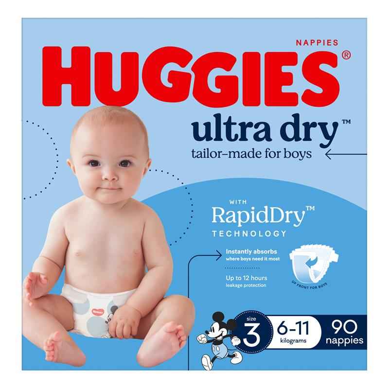 Huggies Ultra Dry Nappies Boy Size 3 Jumbo 90 Pack