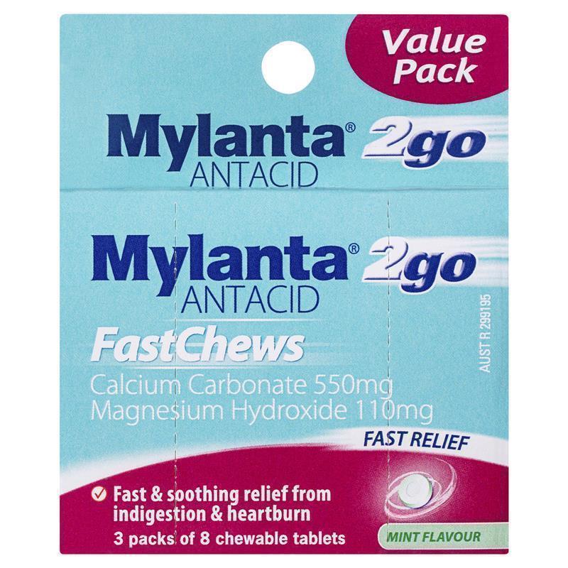 Mylanta 2Go Antacid FastChews Tablets Mint 3 x 8 Pack