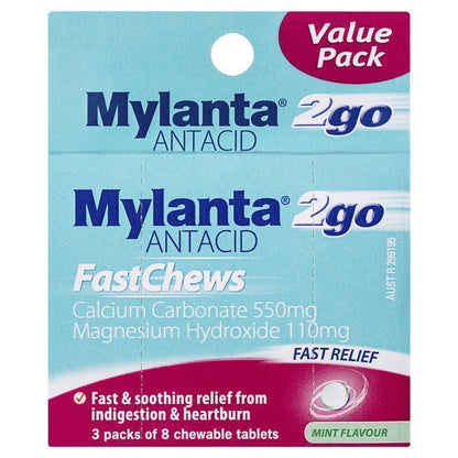Mylanta 2Go Antacid FastChews Tablets Mint 3 x 8 Pack