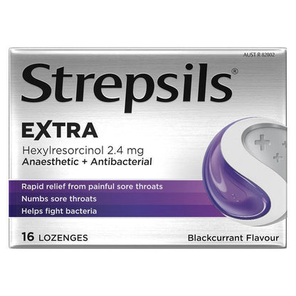 Strepsils Extra Blackcurrant Sore Throat Pain Relief with Anaesthetic Lozenges 16 Pack