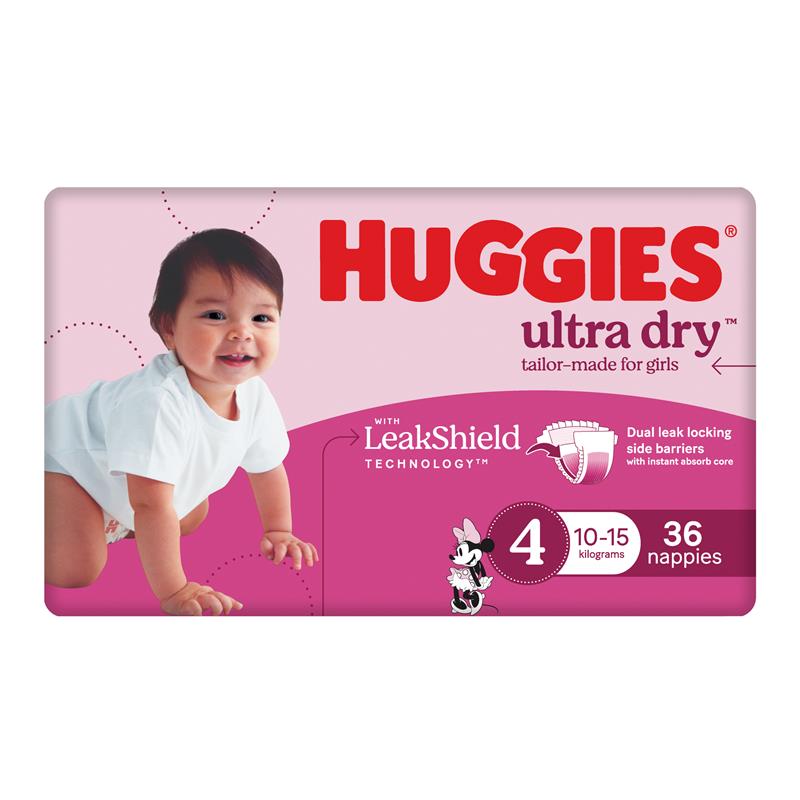 Huggies Ultra Dry Nappies Girls Size 4 (10-15kg) 36 Pack