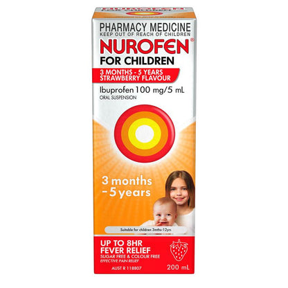 Nurofen For Children 3 months - 5 years Pain and Fever Relief 100mg/5mL Ibuprofen Strawberry 200mL