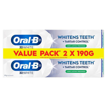 Oral B Toothpaste 3D White Whitens Teeth Long Lasting Freshness 2 x 190g  Value Pack