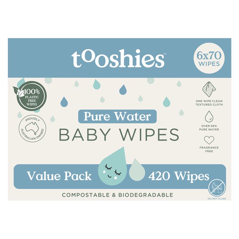 Tooshies Baby Wipes Pure Water 6 x 70 Pack