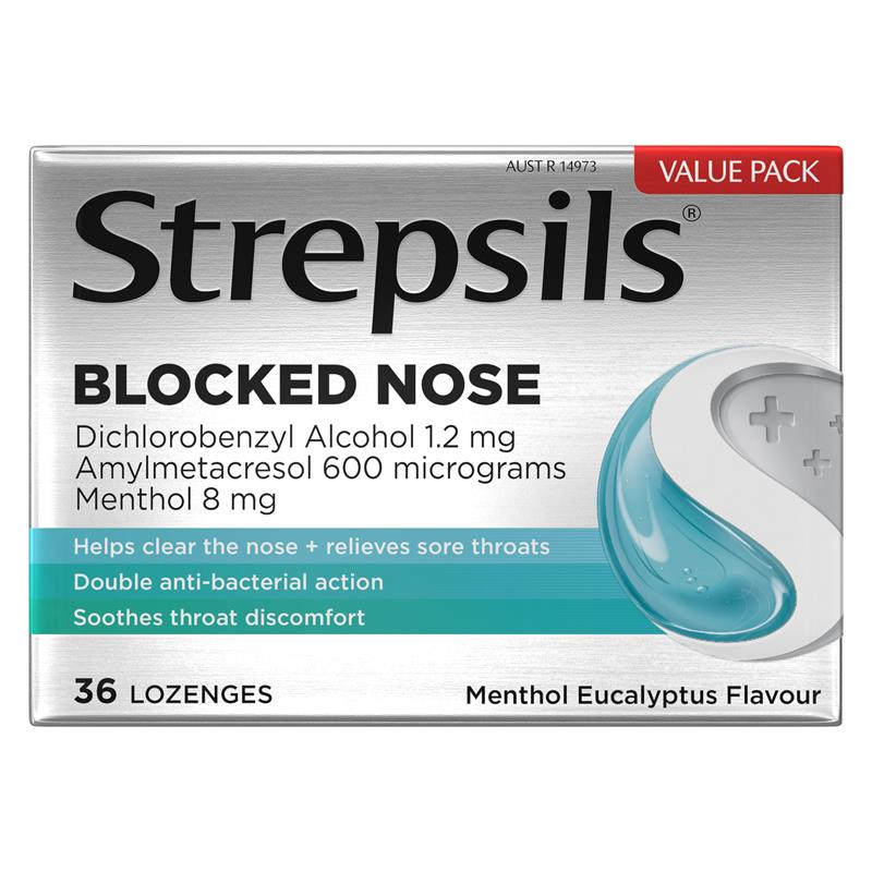 Strepsils Plus Blocked Nose Relief Throat Lozenges Menthol Eucalyptus 36 Pack