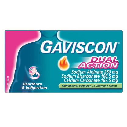 Gaviscon Dual Action Chewable Tablets Peppermint Heartburn & Indigestion Relief 32 Pack