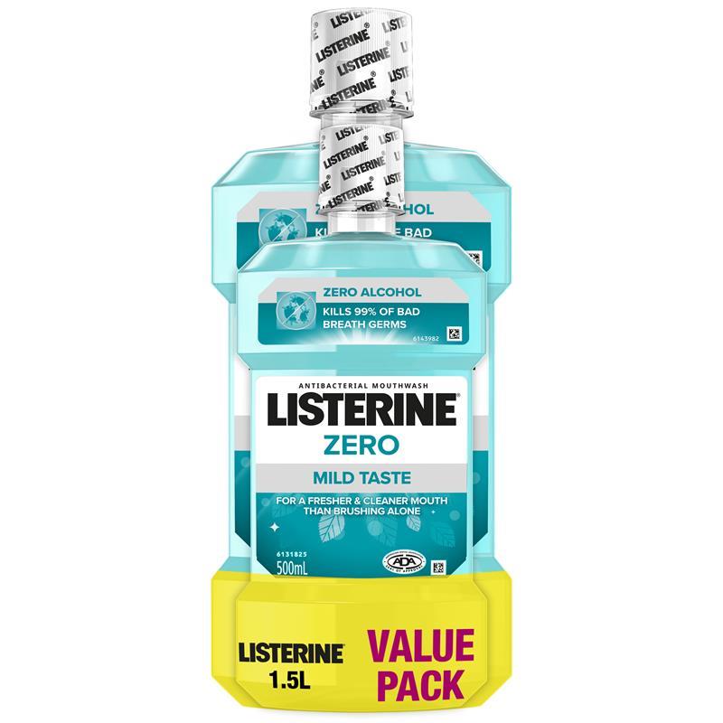 Listerine Zero Alcohol Antibacterial Mouthwash Less Intense Taste Value Pack 1.5L