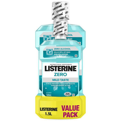 Listerine Zero Alcohol Antibacterial Mouthwash Less Intense Taste Value Pack 1.5L