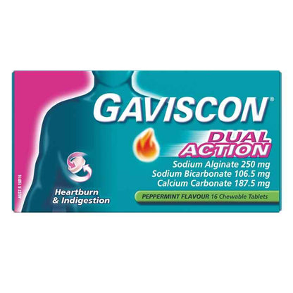 Gaviscon Dual Action Chewable Tablets Peppermint Heartburn & Indigestion Relief 16 Pack