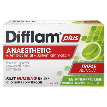 Difflam Plus Anaesthetic Sugar Free Pineapple & Lime 16 Lozenges