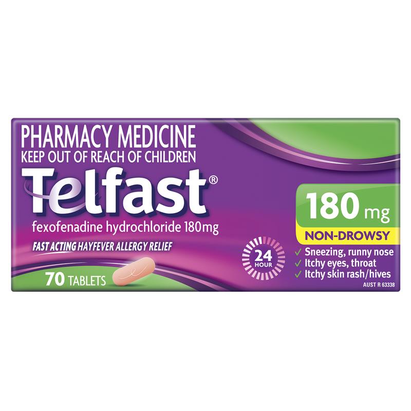 Telfast Hayfever Allergy Relief 180mg Antihistamine Tablets Non-Drowsy - 70 Pack