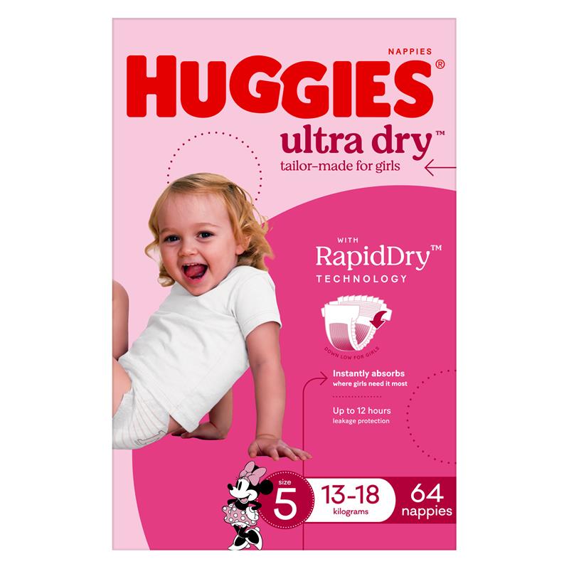 Huggies Ultra Dry Nappies Girl Size 5 Jumbo 64 Pack