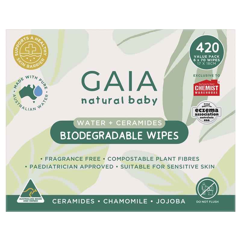 GAIA Biodegradable Water Wipes 6 x 70 Pack Exclusive Size