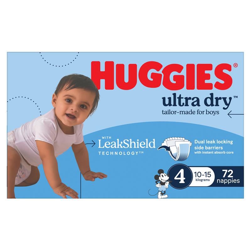 Huggies Ultra Dry Nappies Boys Size 4 (10-15kg) 72 Pack