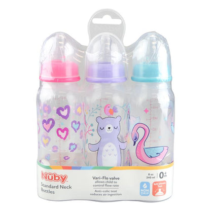 Nuby Printed Non Drip Feeding Bottles 240ml 0+ Months 3 Pack