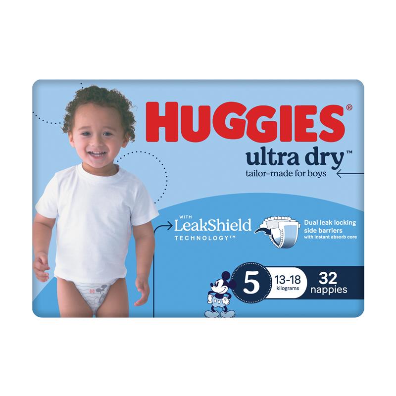 Huggies Ultra Dry Nappies Boys Size 5 (13-18kg) 32 Pack