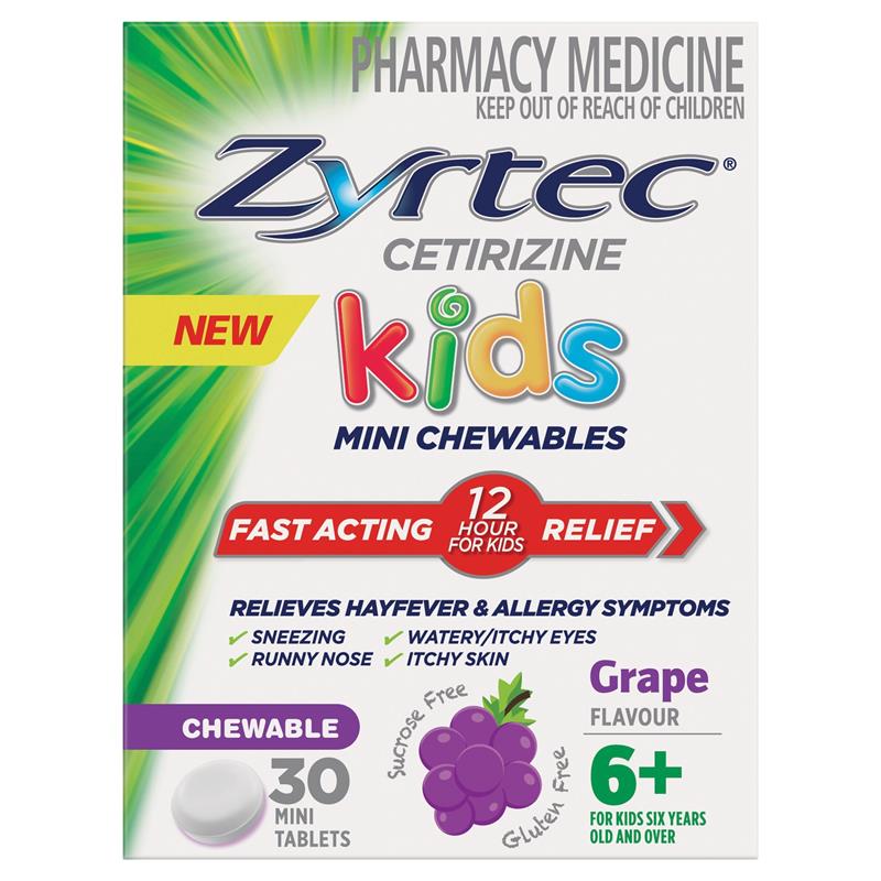 Zyrtec Kids Antihistamine Allergy & Hayfever Chewable Tablet Grape 30 Pack