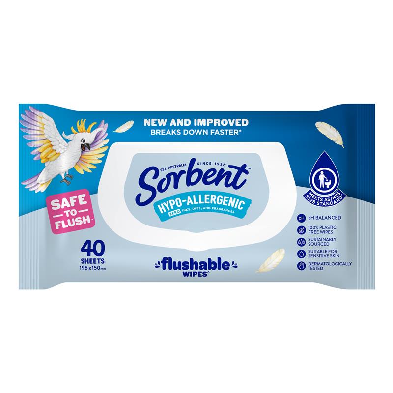 Sorbent Flushable Wipes Hypo Allergenic 40 Pack
