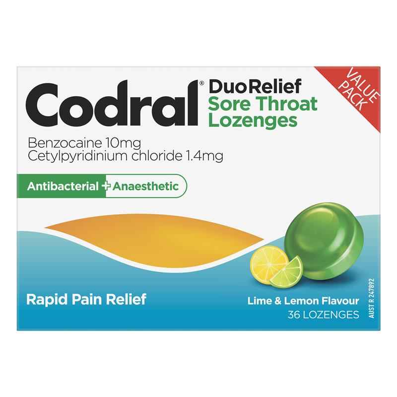 Codral Sore Throat Lozenges Antibacterial + Anaesthetic Lime & Lemon 36 Pack