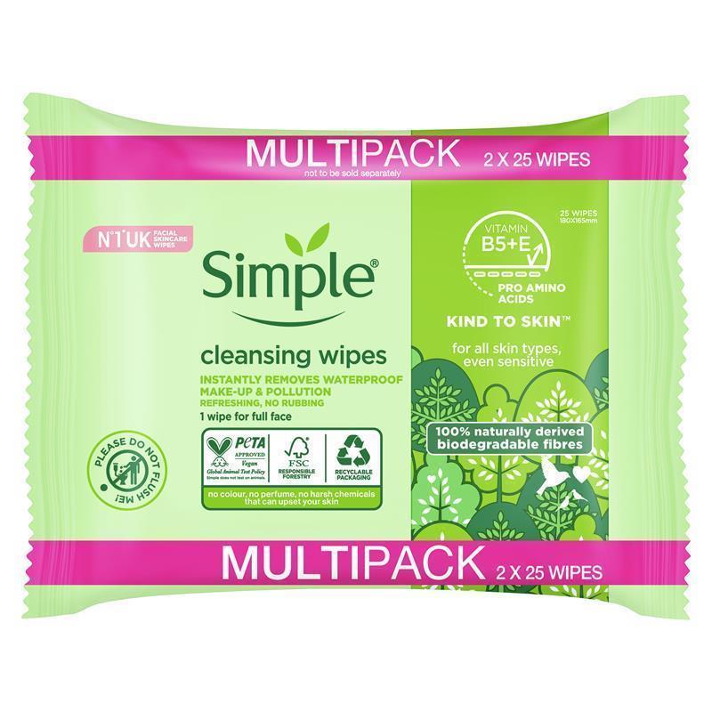 Simple Biodegradable Cleansing Wipes 2 x 25 pack