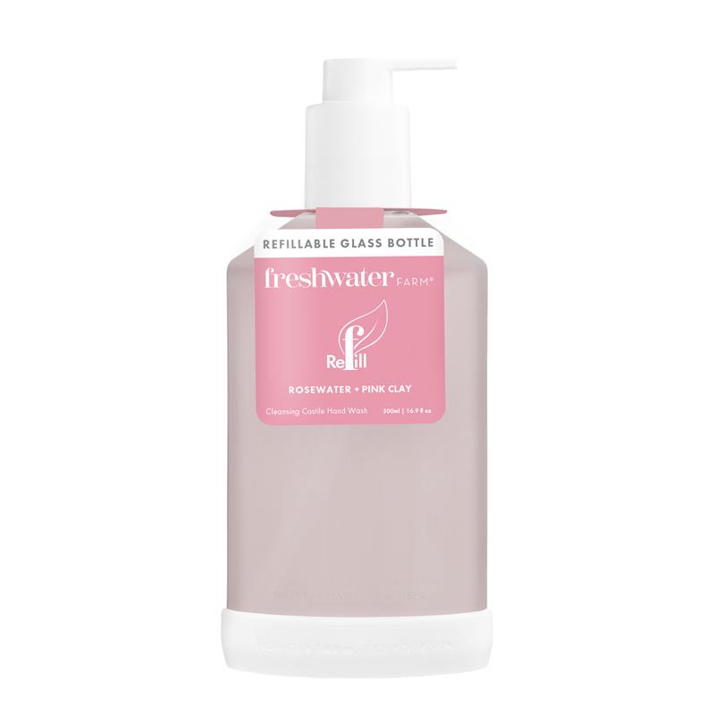 Freshwater Farm Refillable Glass Bottle Rosewater + Pink Clay 500ml