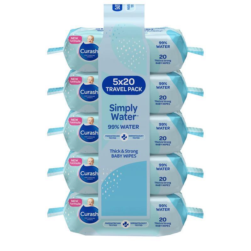 Curash Baby Travel Water Wipes 5 x 20 Pack