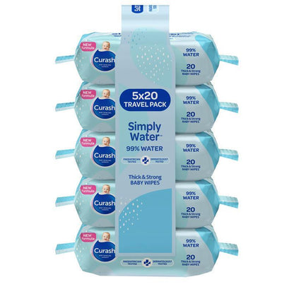 Curash Baby Travel Water Wipes 5 x 20 Pack